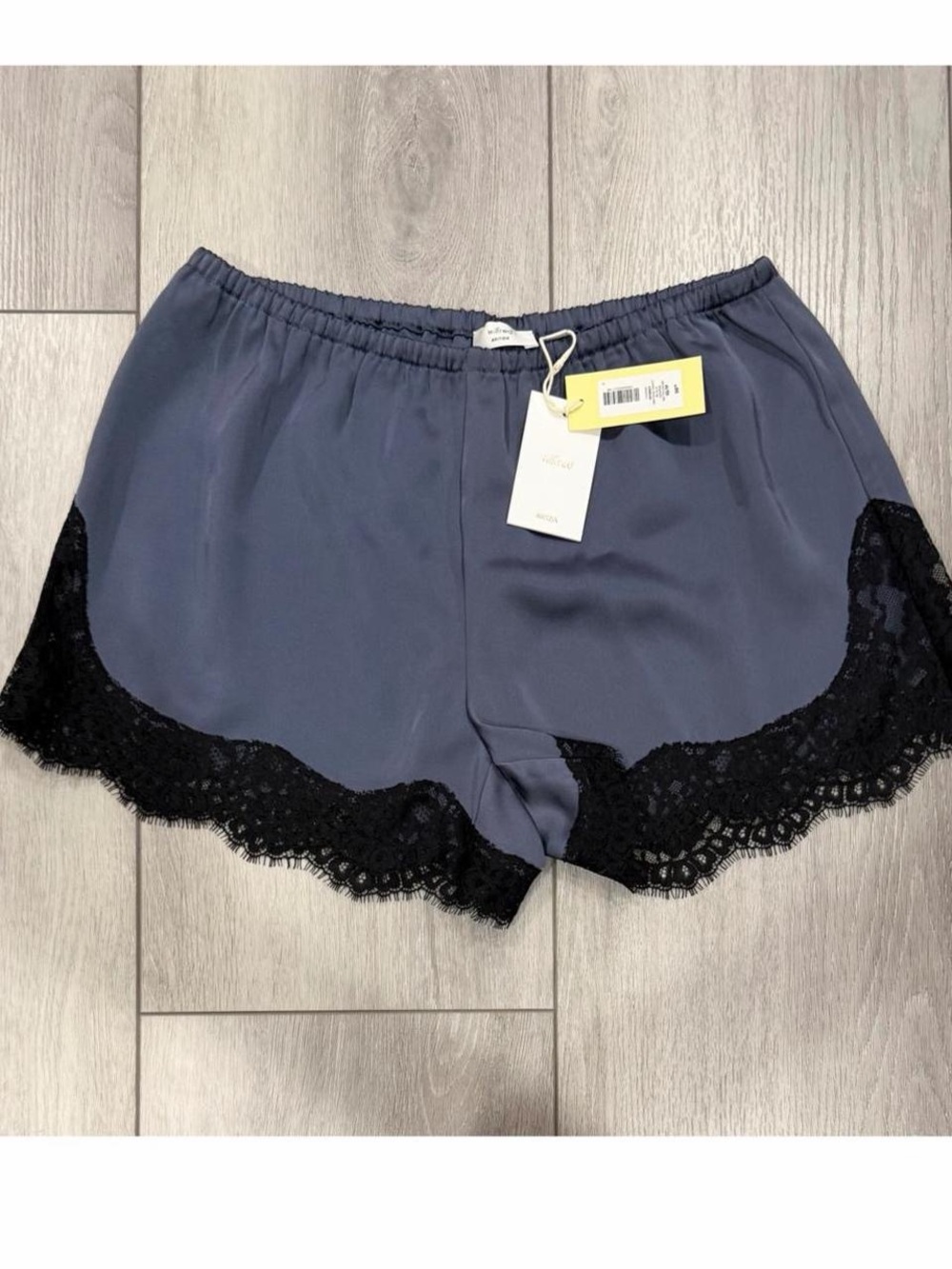 Aritzia Whimsy Double Satin Shorts in Vintage Navy with Black Lace Trim. *NWT*